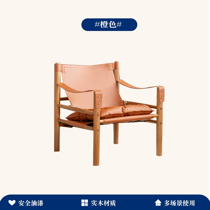 Silla de comedor de cuero y madera maciza con forma de silla de montar, estilo danés, estilo retro, individual, reclinable, con respaldo Wabi Sabi, para caza