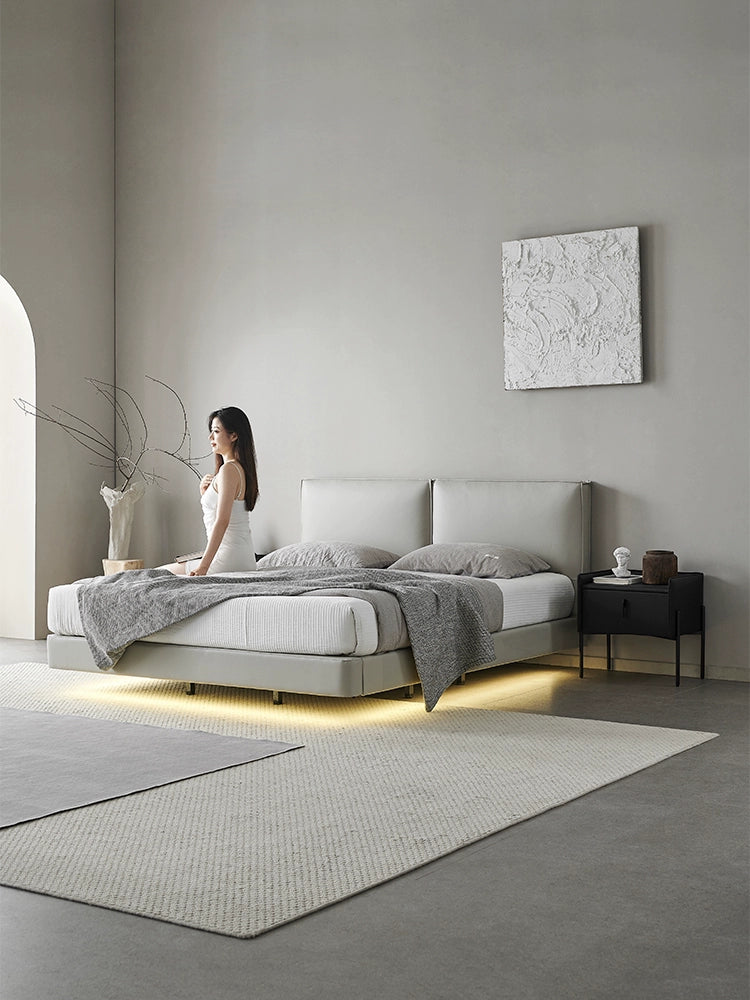 Air Suspension Bed Induction Light with 1.8 Meters Double Bed Wedding Bed Tofu Block Italian Minimalist Leather Bed Master Bed