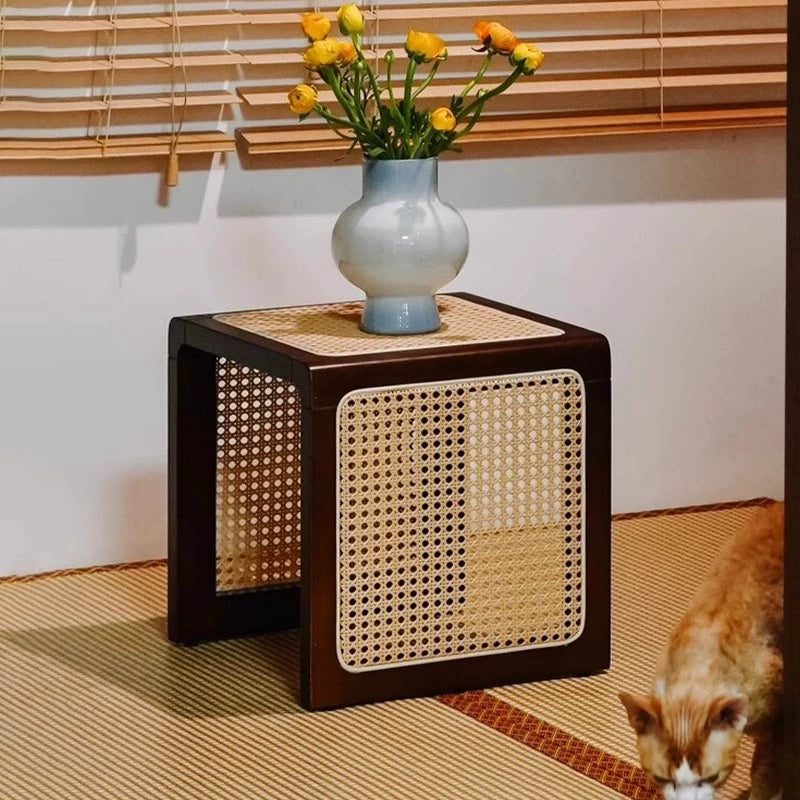 Couchtisch aus massivem Rattan, Hocker, Retro, Wabi-Wind, Schuhwechselhocker, für den Eingangsbereich, Schlafzimmer, Nachttisch, Erkerfenstertisch