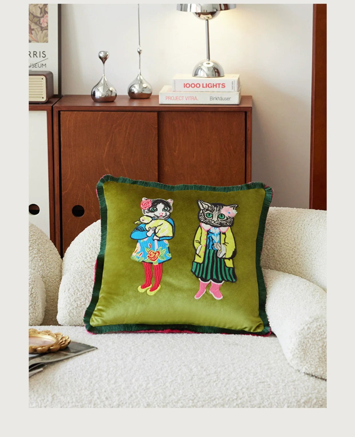 Miss Cat Sofakissen Stickerei Premium Dekokissen Retro Nachttischkissen Leichtes Luxusdesign