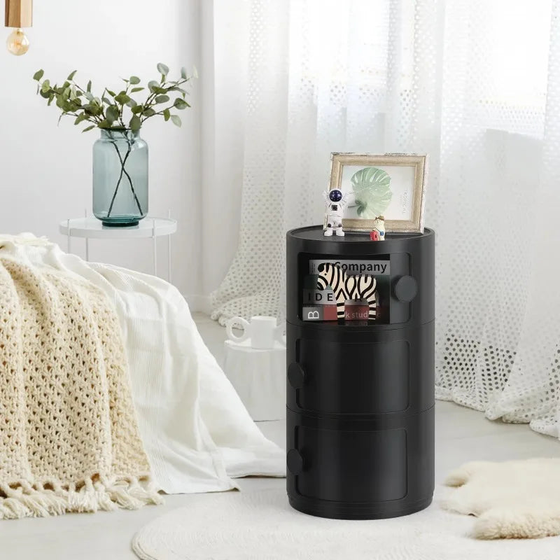 Runder Aufbewahrungstisch | Nachttisch, 3-stufiger Nachttisch aus Kunststoff, Aufbewahrungseinheit, Kommode mit Schubladen und Schiebetür, nordischer moderner Nachttisch für Schlafzimmer