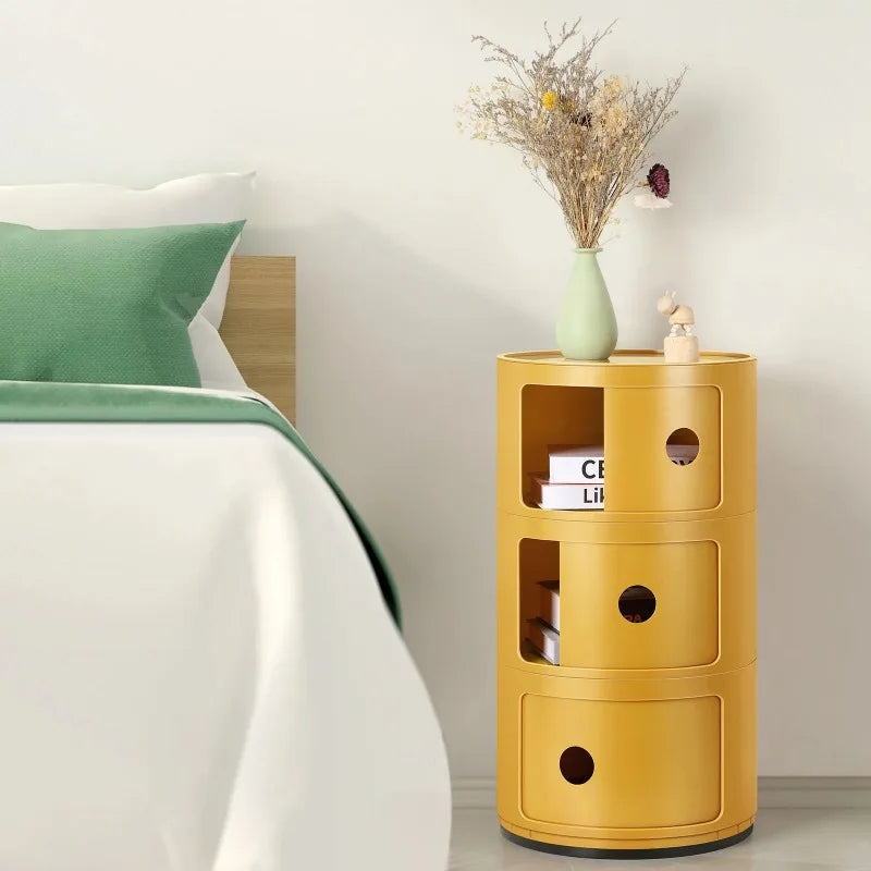 Runder Aufbewahrungstisch | Nachttisch, 3-stufiger Nachttisch aus Kunststoff, Aufbewahrungseinheit, Kommode mit Schubladen und Schiebetür, nordischer moderner Nachttisch für Schlafzimmer