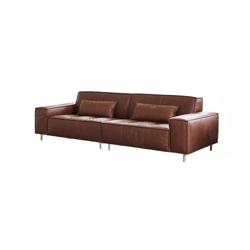 French Retro Oil Wax Leather Sofa Minimalist Tofu Block Straight Row Three-person Small Apartment Living Room Medieval Sofa