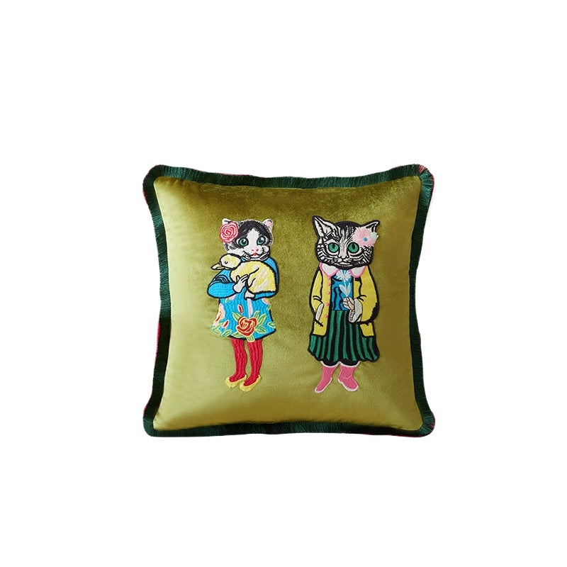Miss Cat Sofakissen Stickerei Premium Dekokissen Retro Nachttischkissen Leichtes Luxusdesign 