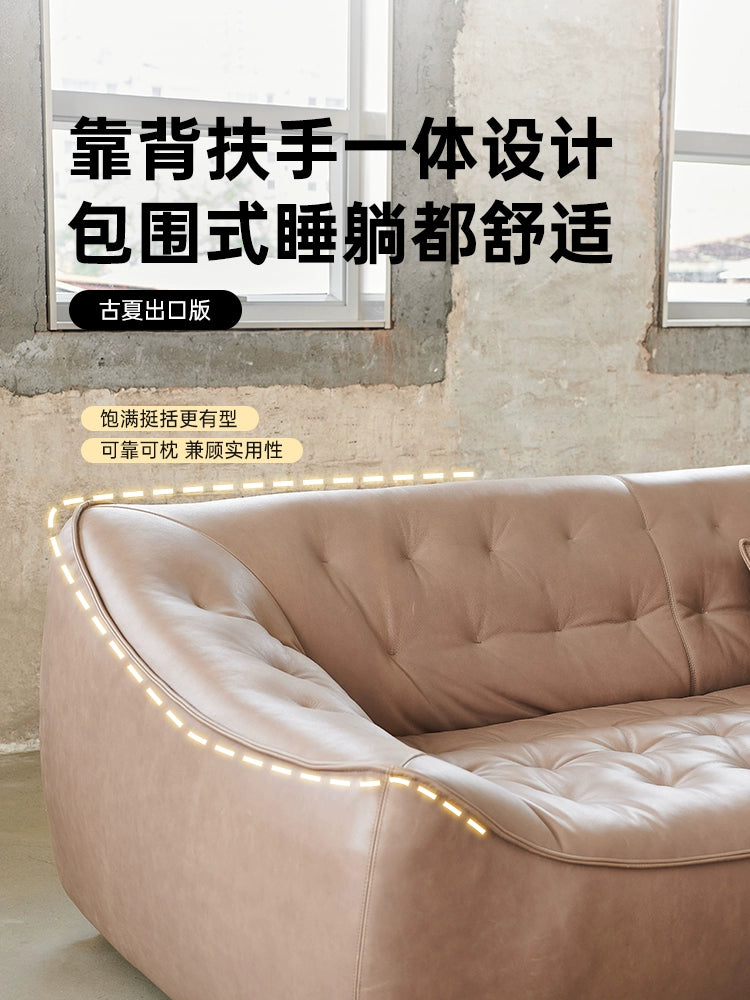 Retro Oil Wax Leather Bean Bag Sofa Living Room Straight Row Antique Small Apartment Three Designer Leather Sofa