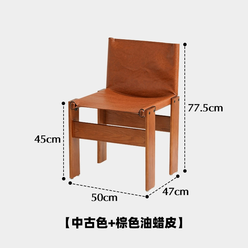 Mönchstuhl, mittelalterlicher Esszimmerstuhl aus Massivholz, Wabi-Windstuhl, Haushaltsstuhl im Vintage-Stil mit Ölwachs-Lederrückenlehne 