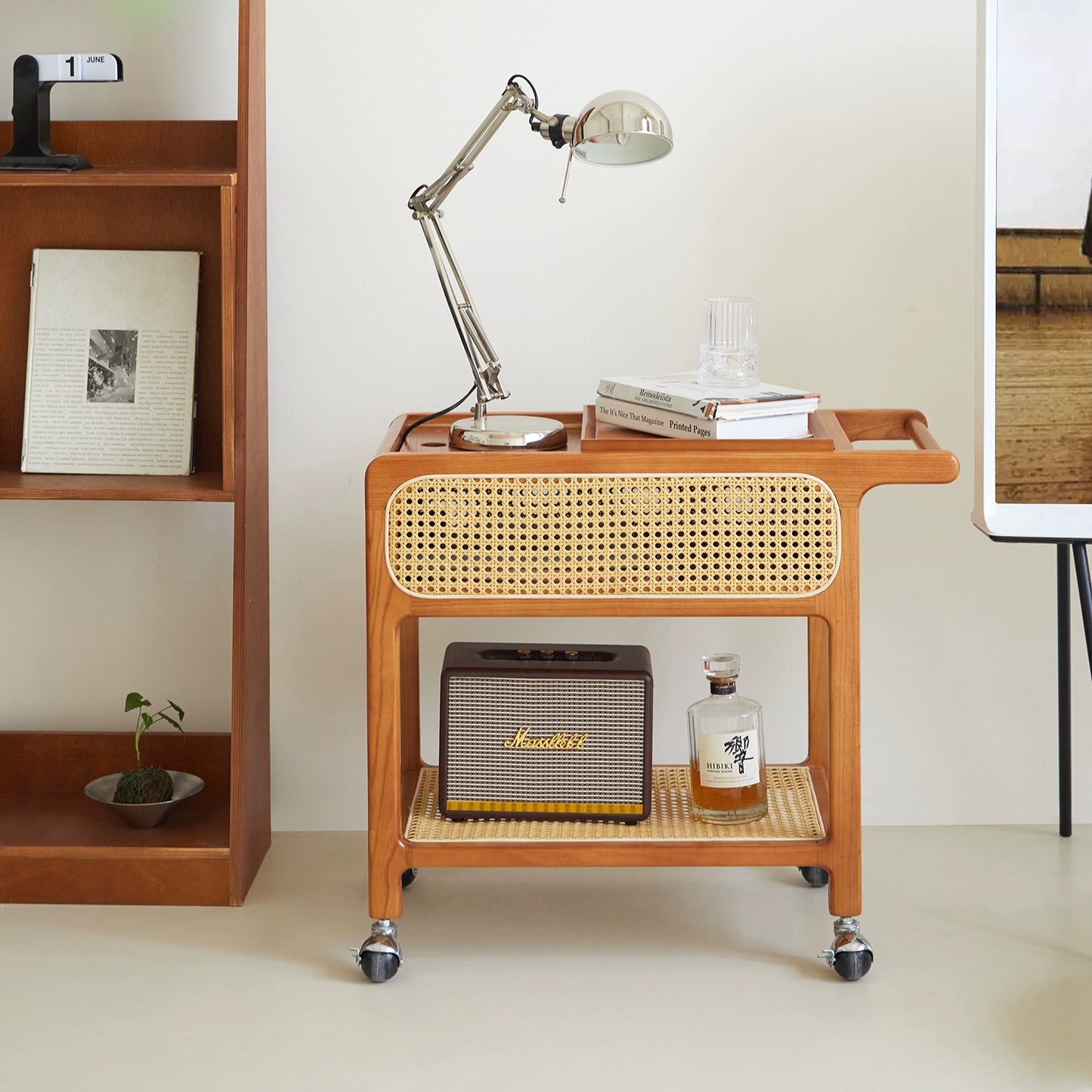 Massivholz Rattan Trolley Seite Paar Mittelalterlichen Sofa Beweglichen Rack Wabi Sabi Nachttisch Kleinen Tisch 