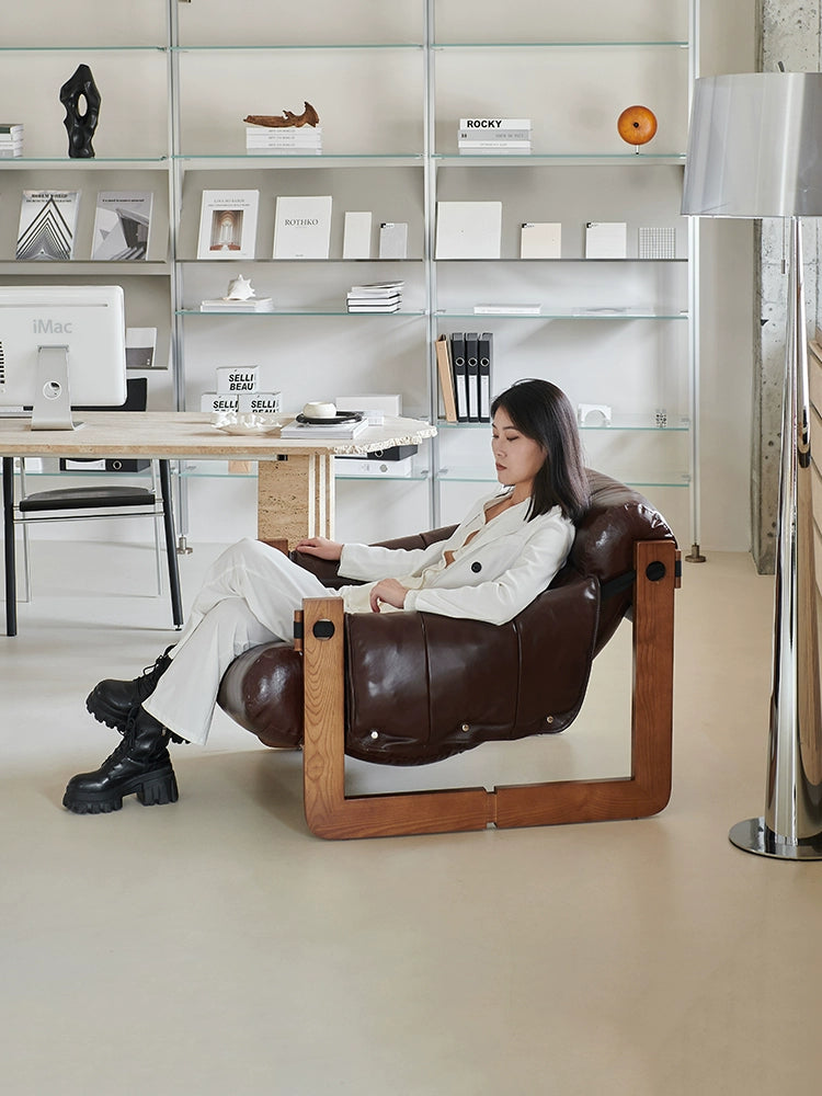 Medieval Jersey Chair Designer Single Sofa Retro Light Luxury Leather Balcony Home Solid Wood Leisure Chair