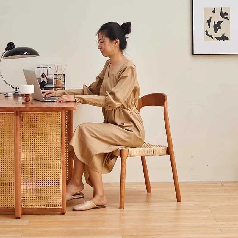 Esszimmerstuhl aus massivem Holzseil, Retro, nordischer Wabi-Wind-Stuhl, Rückenlehnenstuhl, für den Haushalt, kleine Wohnung, Schreibtischstuhl 