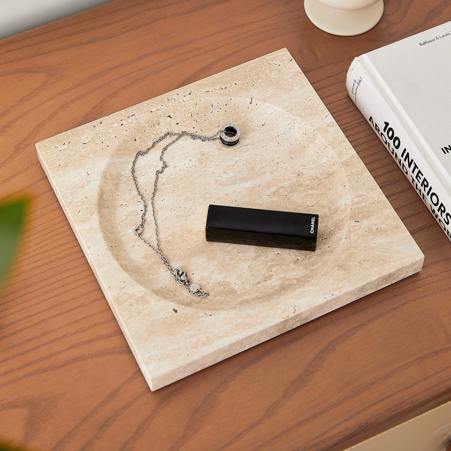 Marmortablett Wabi-Sabi Schmuck Aufbewahrungstablett Aromatherapie Regal Gelb Travertin Französisches Ornament 