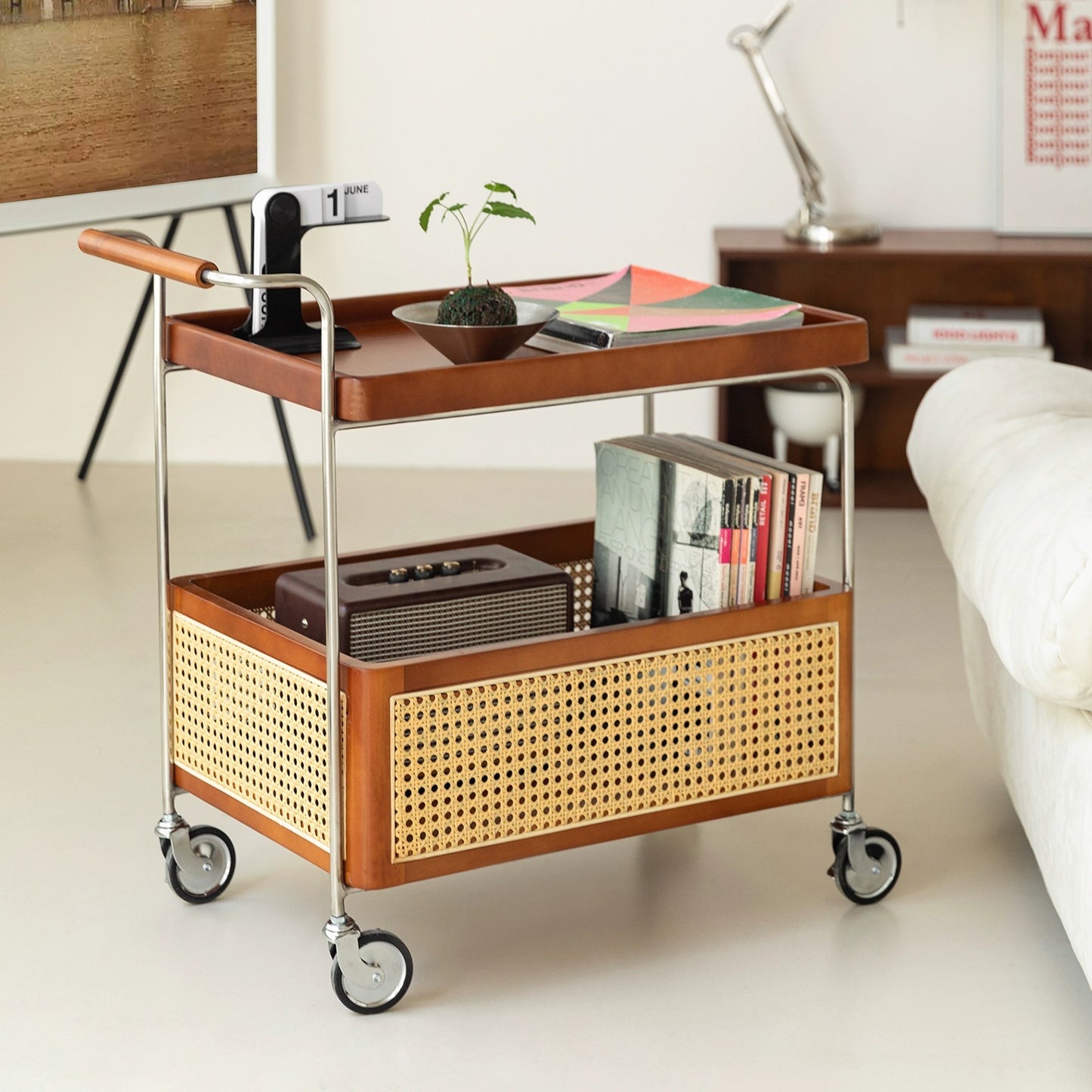Rattan Massivholz Trolley Mittelalterliche abnehmbare Sofa Seite Wabi-Sabi Creative Storage Locker 