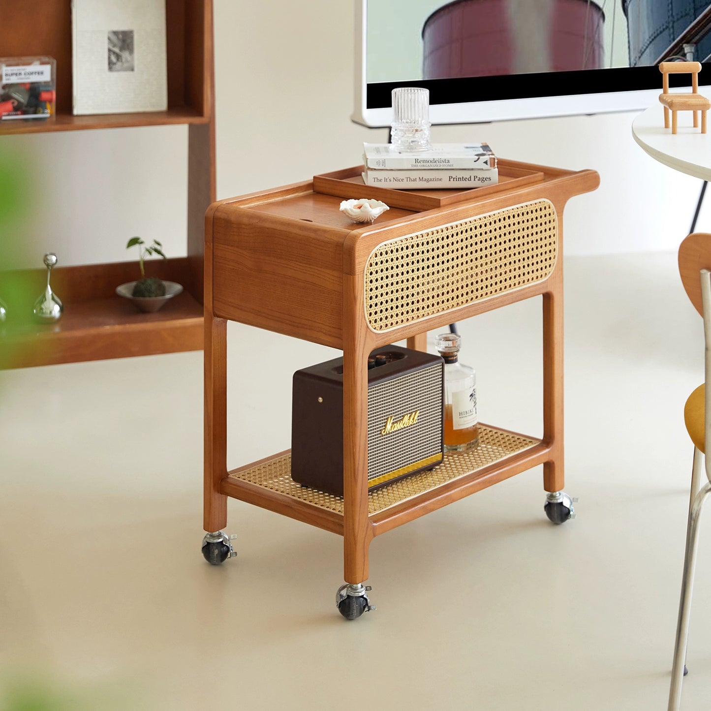 Massivholz Rattan Trolley Seite Paar Mittelalterlichen Sofa Beweglichen Rack Wabi Sabi Nachttisch Kleinen Tisch 