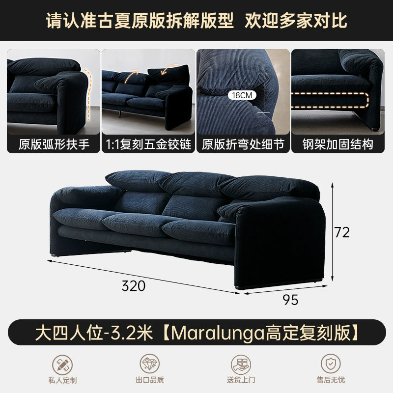 Italian Minimalist Maralunga Sofa Living Room Straight Row Three High Backrest Folding Ear Fabric Sofa