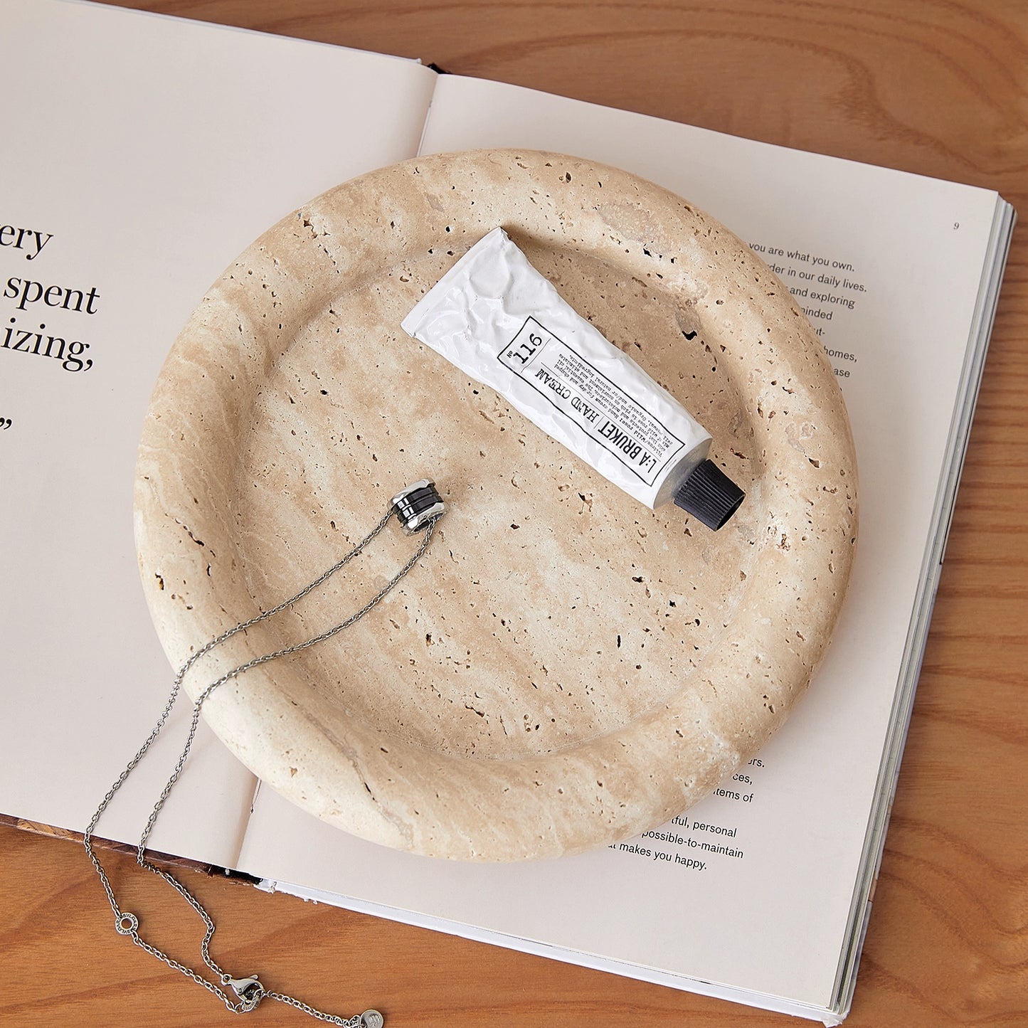 Marmortablett Wabi-Sabi Schmuck Aufbewahrungstablett Aromatherapie Regal Gelb Travertin Französisches Ornament 