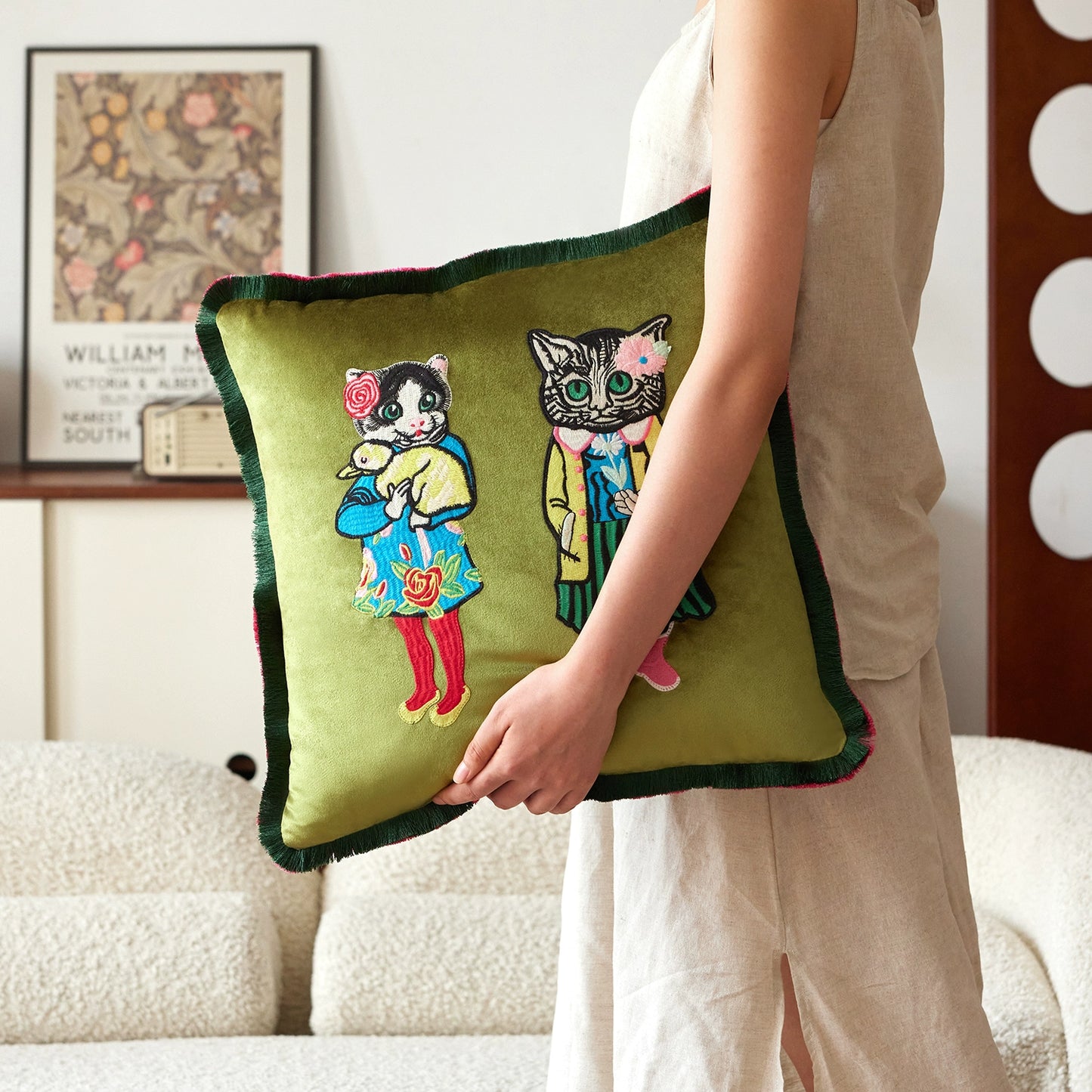 Miss Cat Sofakissen Stickerei Premium Dekokissen Retro Nachttischkissen Leichtes Luxusdesign 