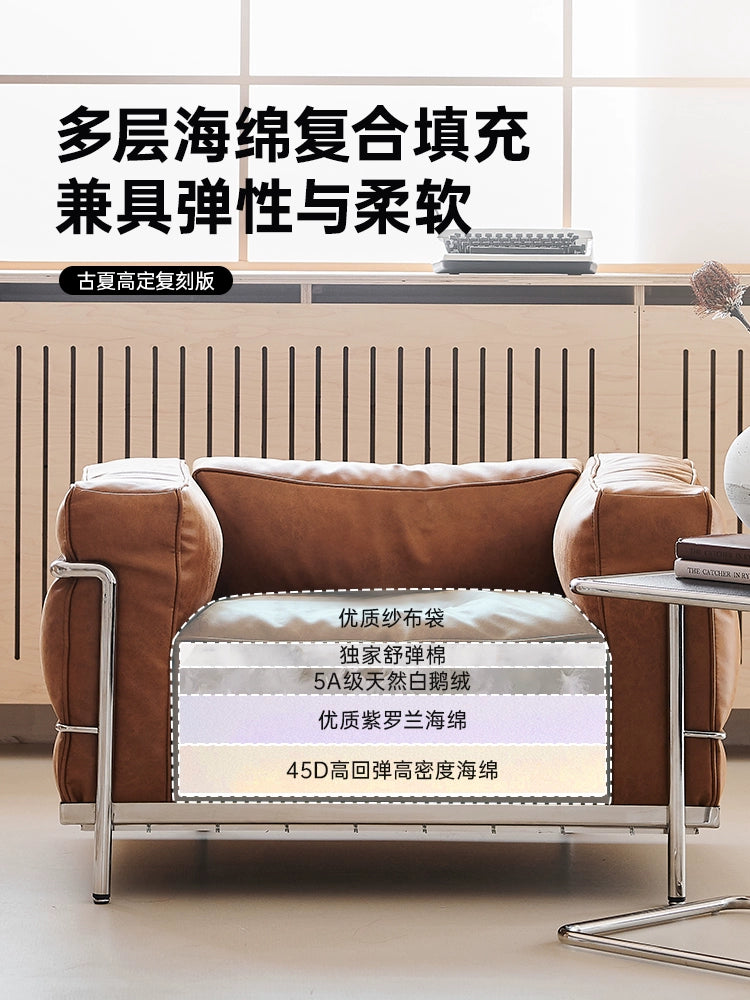 Corbusier LC3 Stainless Steel Leather Single Sofa Living Room Balcony Medieval Oil Wax Leather Single Chair