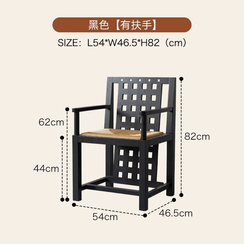 Mittelalterlicher Esszimmerstuhl aus Massivholz, Rattan, Kunst, Meisterstuhl, Designer-Rückenlehne, Arbeitszimmerstuhl, Wabi Sandy Wind 