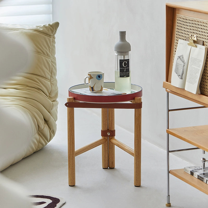 Mittelalterlicher Couchtisch, klappbar, Schweinchennasenkante, Sattelleder, Massivholz, kleiner Teetisch, Farbe Porzellan, abnehmbares Tablett 