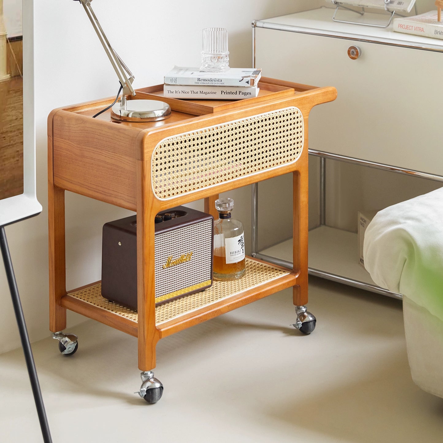 Massivholz Rattan Trolley Seite Paar Mittelalterlichen Sofa Beweglichen Rack Wabi Sabi Nachttisch Kleinen Tisch 