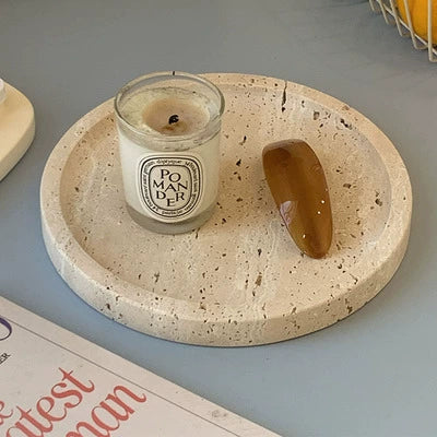 Marmortablett Wabi-Sabi Schmuck Aufbewahrungstablett Aromatherapie Regal Gelb Travertin Französisches Ornament 
