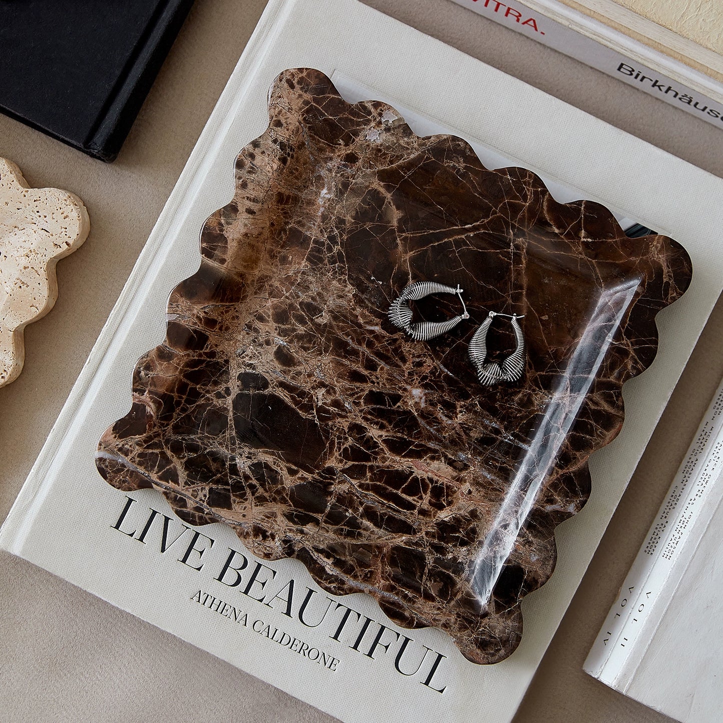 Marmortablett Wabi-Sabi Schmuck Aufbewahrungstablett Aromatherapie Regal Gelb Travertin Französisches Ornament 