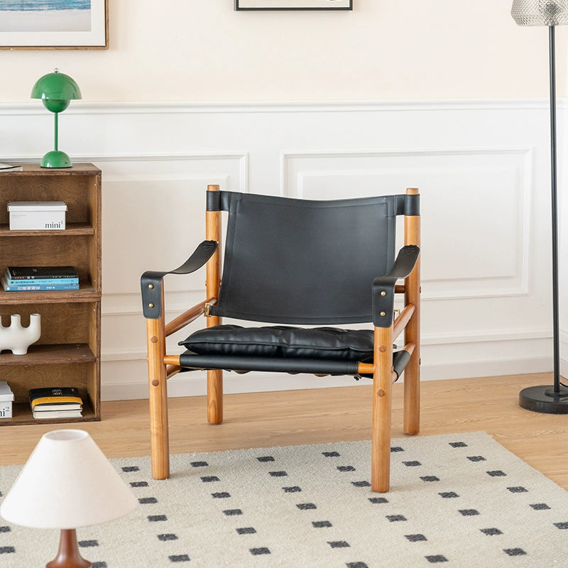 Esszimmerstuhl aus massivem Sattelleder, dänischer Retro-Einzelsofastuhl, Wabi Sabi Wind Back Recliner Jagdstuhl 