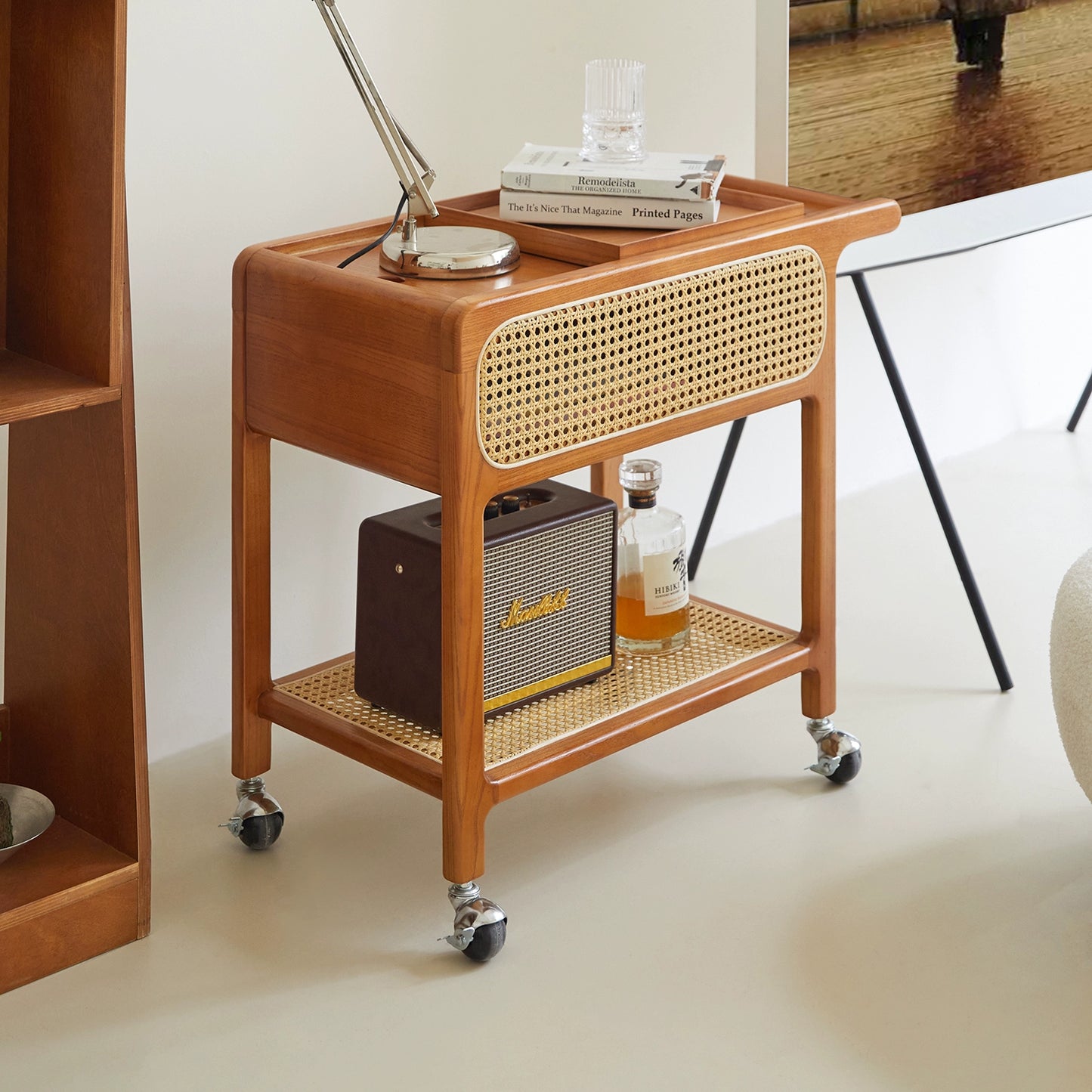 Massivholz Rattan Trolley Seite Paar Mittelalterlichen Sofa Beweglichen Rack Wabi Sabi Nachttisch Kleinen Tisch 