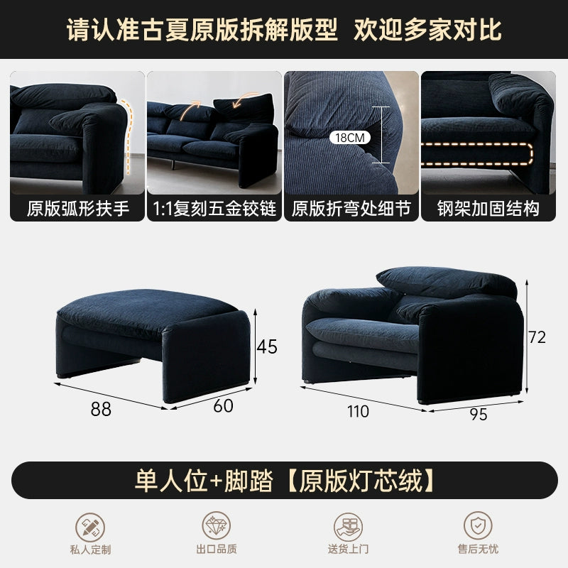 Italian Minimalist Maralunga Sofa Living Room Straight Row Three High Backrest Folding Ear Fabric Sofa