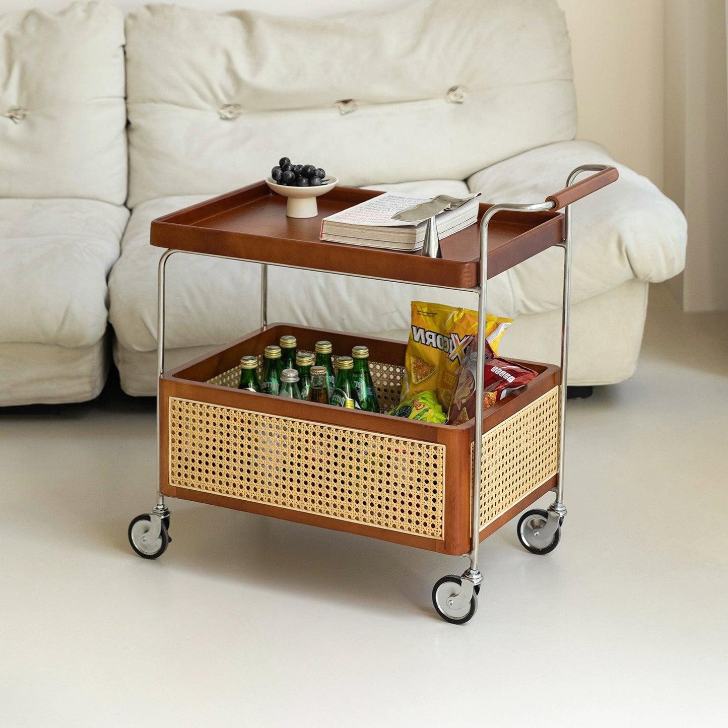 Rattan Massivholz Trolley Mittelalterliche abnehmbare Sofa Seite Wabi-Sabi Creative Storage Locker 