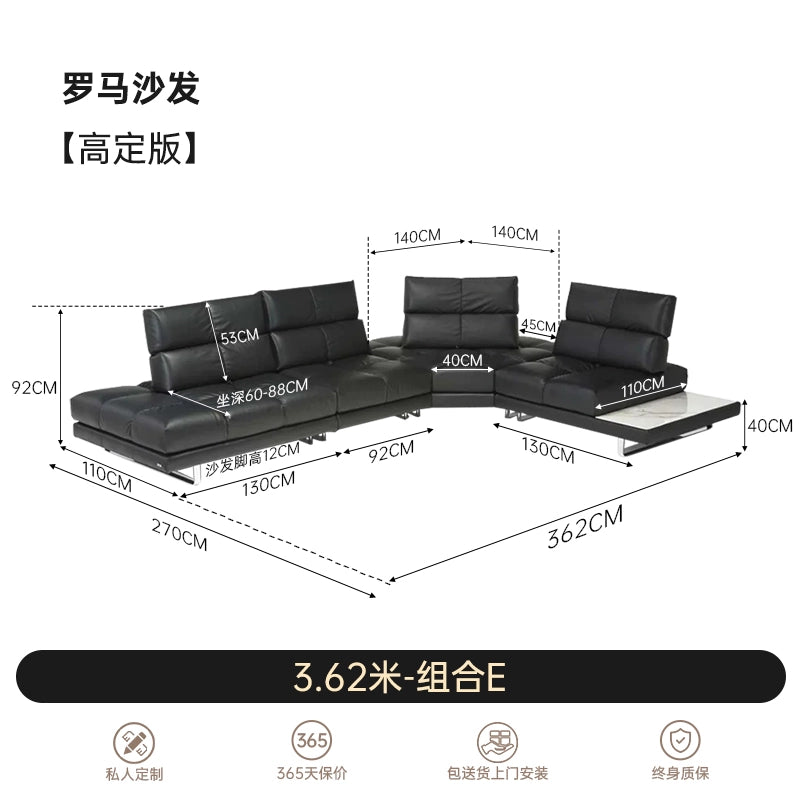 Roman Sofa Italian Minimalist Villa Large Flat Floor Living Room Adjustable Backrest Straight Row Corner Combination Leather Sofa