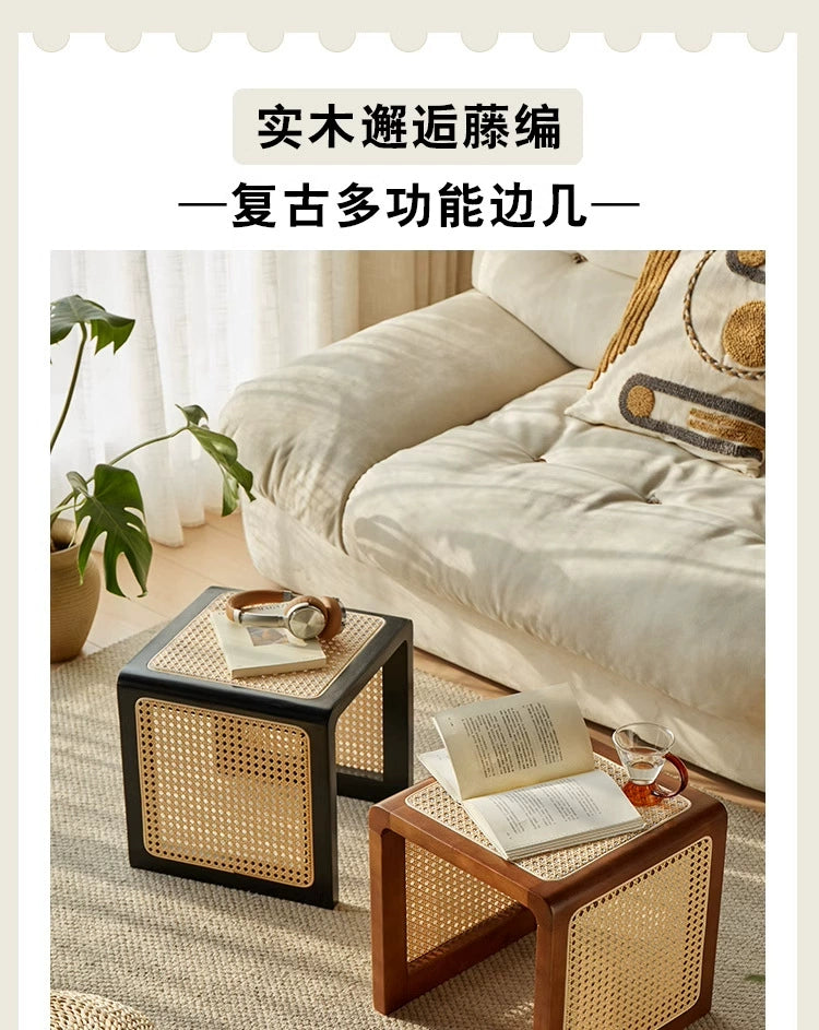 Couchtisch aus massivem Rattan, Hocker, Retro, Wabi-Wind, Schuhwechselhocker, für den Eingangsbereich, Schlafzimmer, Nachttisch, Erkerfenstertisch 