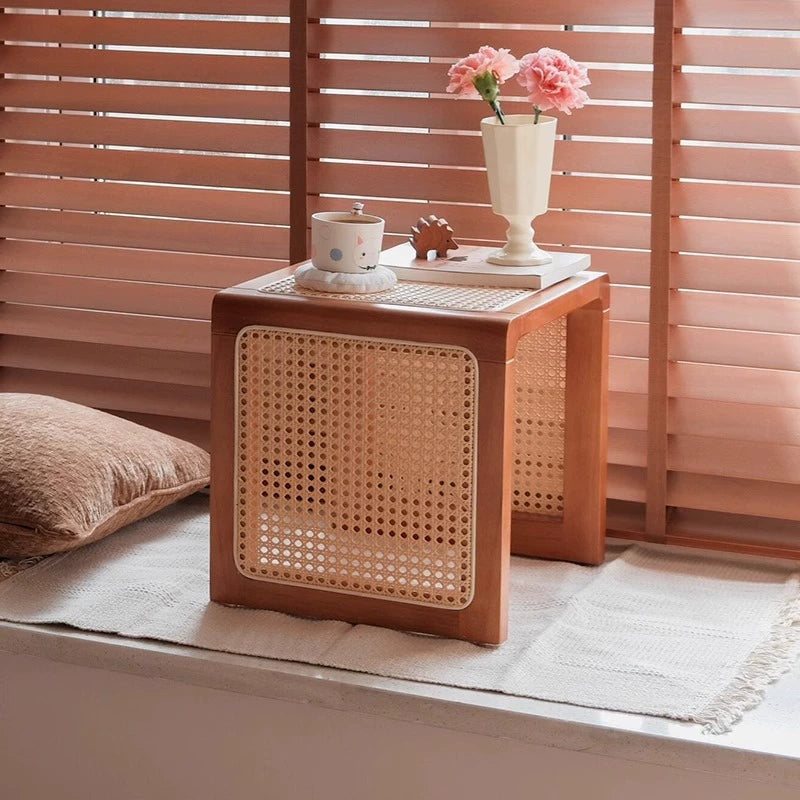 Couchtisch aus massivem Rattan, Hocker, Retro, Wabi-Wind, Schuhwechselhocker, für den Eingangsbereich, Schlafzimmer, Nachttisch, Erkerfenstertisch 