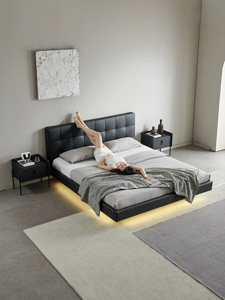 Home Suspension Bed Italian Minimalist Leather Napa Top Cowhide Double Bed Modern Simple Soft Bag Wedding Bed
