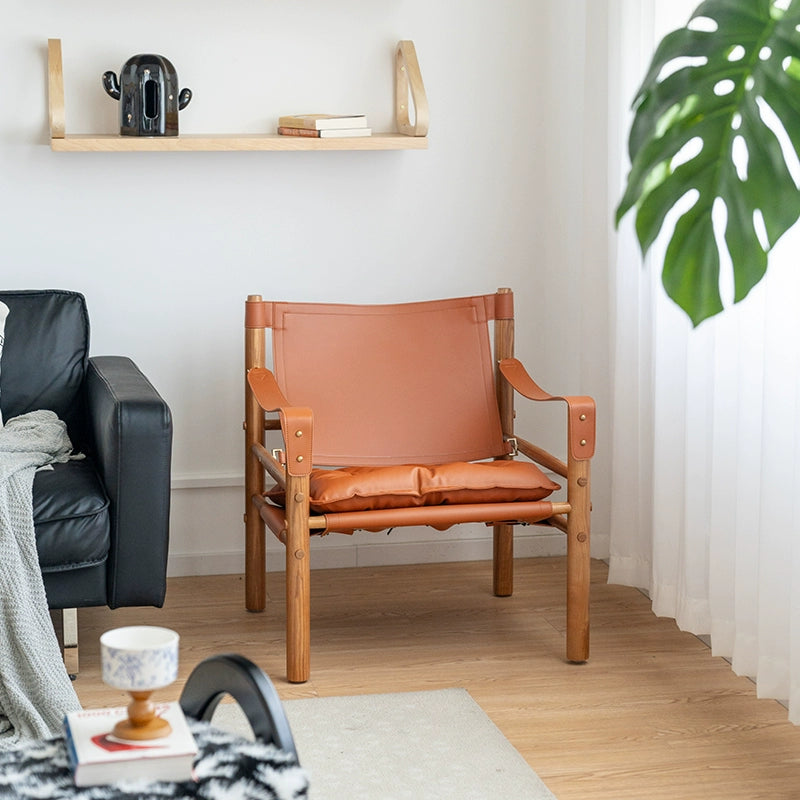 Esszimmerstuhl aus massivem Sattelleder, dänischer Retro-Einzelsofastuhl, Wabi Sabi Wind Back Recliner Jagdstuhl 