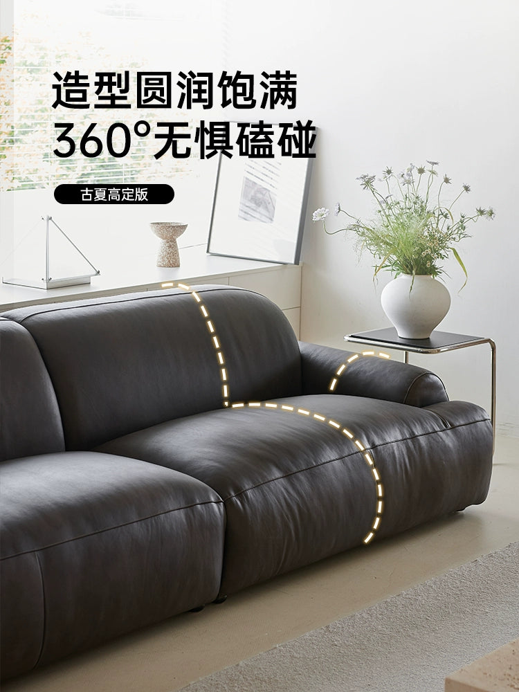 Medieval Bread Sofa Retro Oil Wax Leather Old Living Room Small Apartment Designer Straight Row Lazy Three-person Sofa