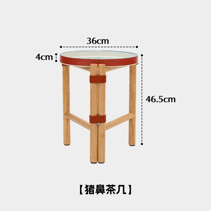 Mittelalterlicher Couchtisch, klappbar, Schweinchennasenkante, Sattelleder, Massivholz, kleiner Teetisch, Farbe Porzellan, abnehmbares Tablett 
