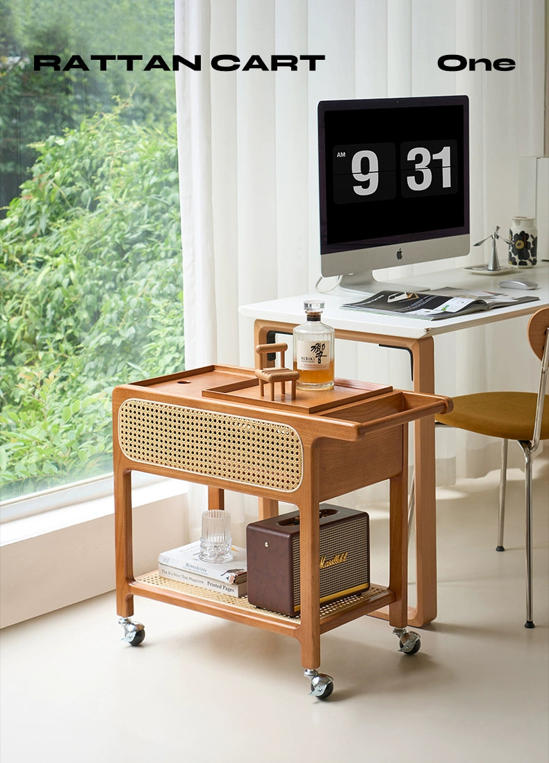 Massivholz Rattan Trolley Seite Paar Mittelalterlichen Sofa Beweglichen Rack Wabi Sabi Nachttisch Kleinen Tisch 