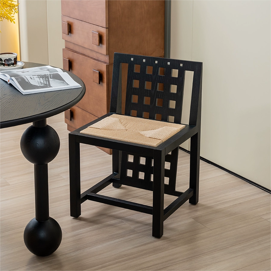 Mittelalterlicher Esszimmerstuhl aus Massivholz, Rattan, Kunst, Meisterstuhl, Designer-Rückenlehne, Arbeitszimmerstuhl, Wabi Sandy Wind 