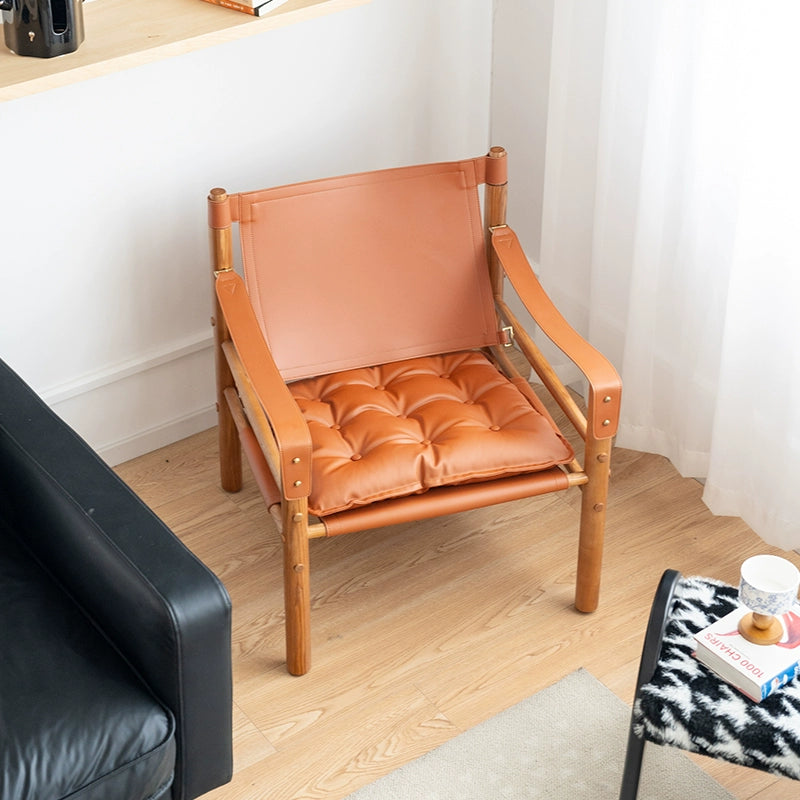 Esszimmerstuhl aus massivem Sattelleder, dänischer Retro-Einzelsofastuhl, Wabi Sabi Wind Back Recliner Jagdstuhl 