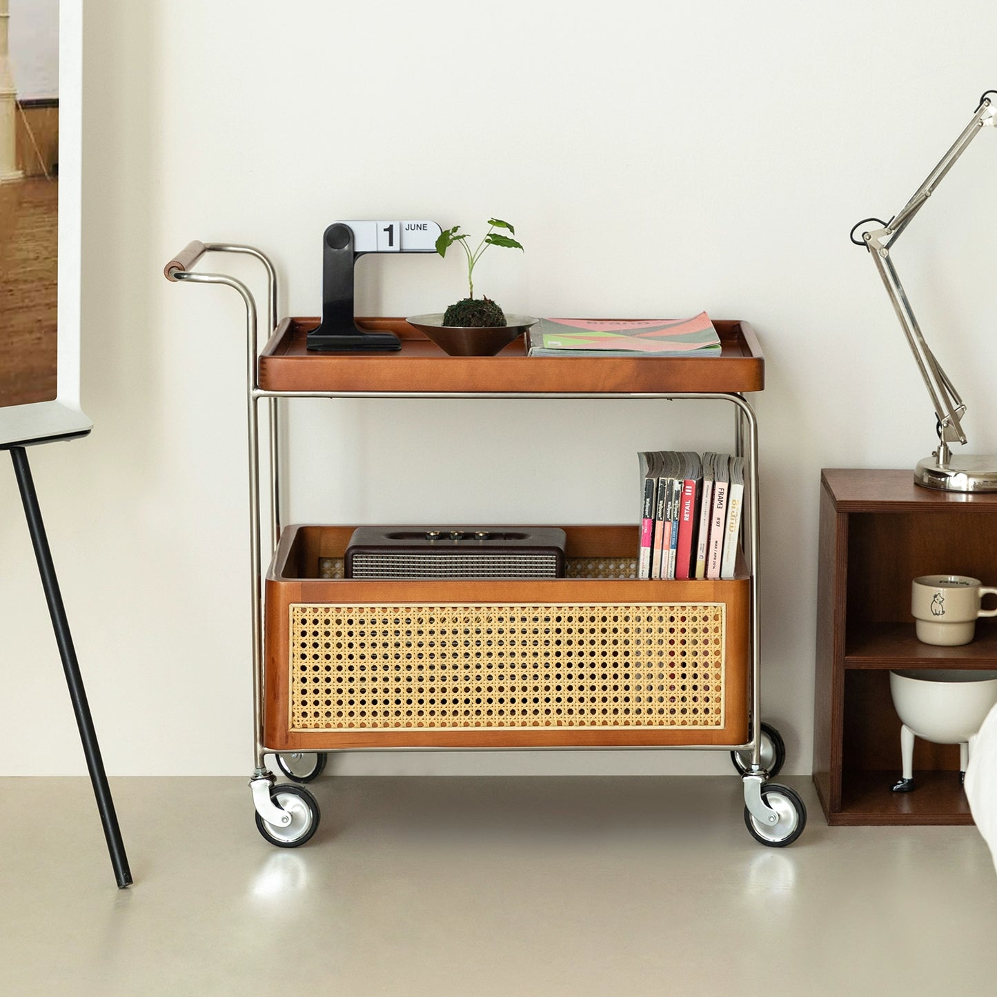 Rattan Massivholz Trolley Mittelalterliche abnehmbare Sofa Seite Wabi-Sabi Creative Storage Locker 