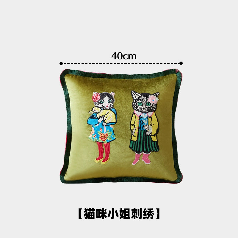 Miss Cat Sofakissen Stickerei Premium Dekokissen Retro Nachttischkissen Leichtes Luxusdesign 
