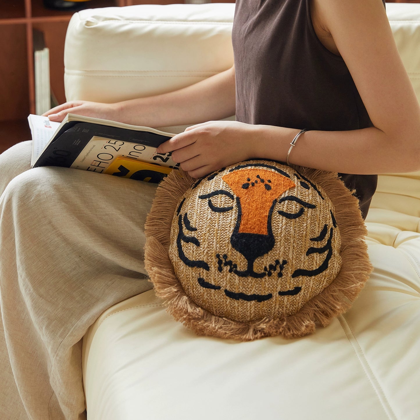 Löwe Wurfkissen Handgewebt Bestickt Sitz Pier Marokko Abnehmbares Futon Sitzkissen Teppich Pedal 