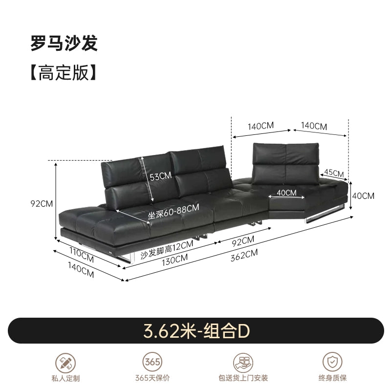 Roman Sofa Italian Minimalist Villa Large Flat Floor Living Room Adjustable Backrest Straight Row Corner Combination Leather Sofa