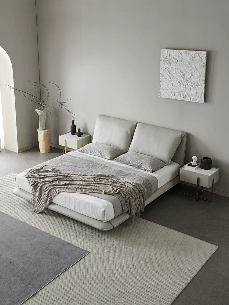 Leather Bed Suspension Bed Italian Minimalist Master Bedroom 1.8 Meters Double Bed Light Luxury Modern Elephant Ear Soft Bag Bed