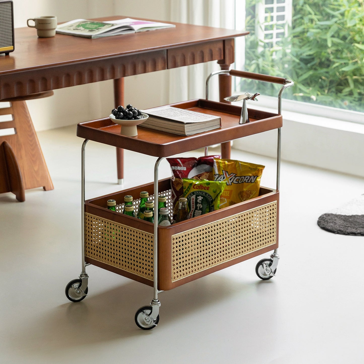 Rattan Massivholz Trolley Mittelalterliche abnehmbare Sofa Seite Wabi-Sabi Creative Storage Locker 