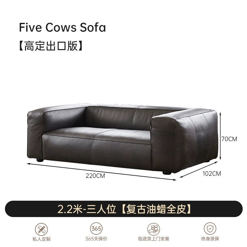 Medieval Five-headed Cow Sofa Minimalist Living Room Designer Tofu Block Retro American All-leather Straight-row Sofa