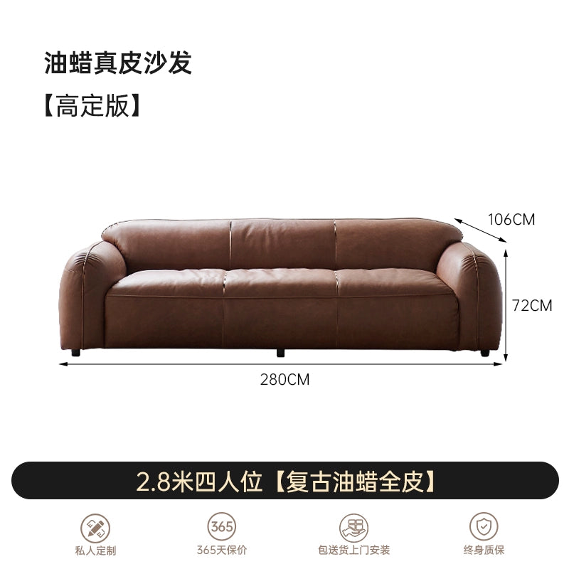 Medieval Designer Straight Row Bread Sofa Living Room Small Apartment Retro Wabi Sandy Wind Oil Wax Leather Three-person Sofa