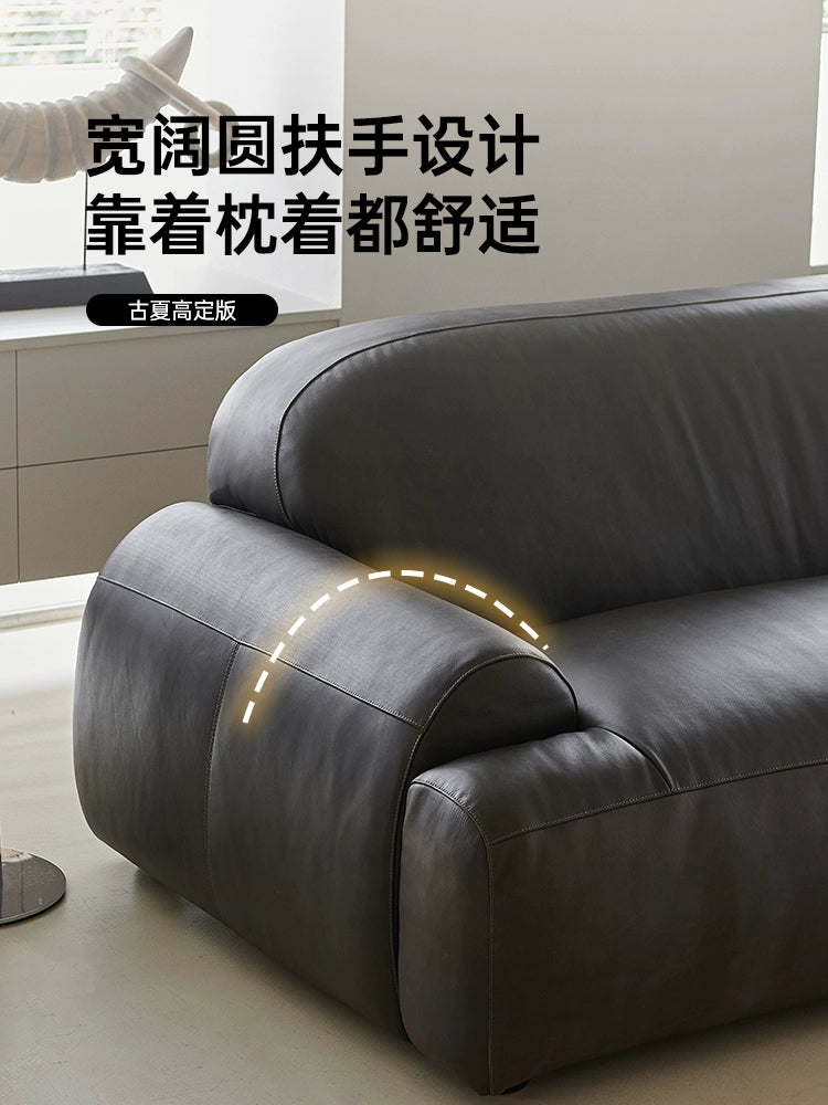 Medieval Bread Sofa Retro Oil Wax Leather Old Living Room Small Apartment Designer Straight Row Lazy Three-person Sofa