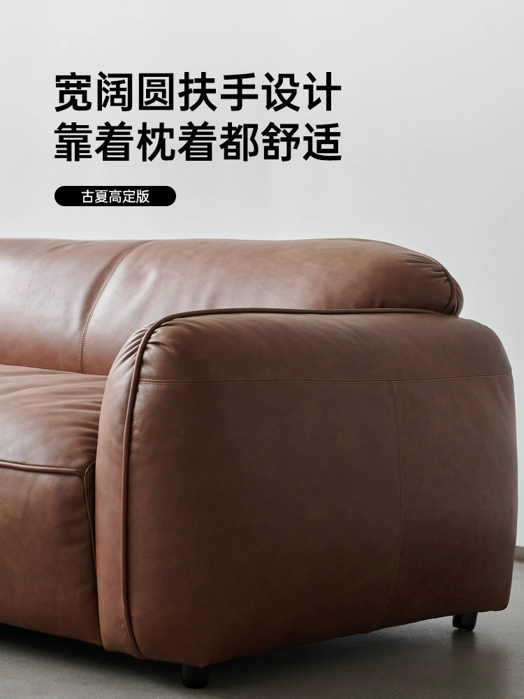 Medieval Designer Straight Row Bread Sofa Living Room Small Apartment Retro Wabi Sandy Wind Oil Wax Leather Three-person Sofa