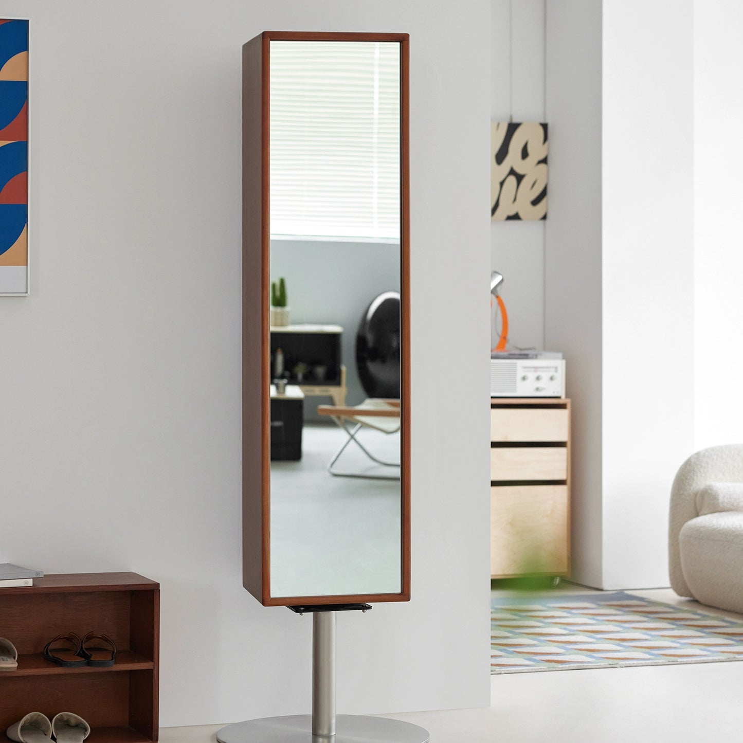 Multifunktionale Truhe drehbar mit Ganzkörperspiegel Aufbewahrungsschrank Retro Nordic Wandaufbewahrungsschrank Massivholz 